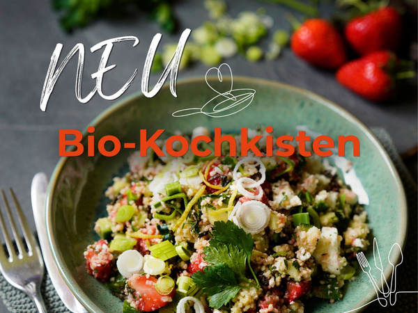 Couscou-Salat mit Schriftzug "Neu - Bio-Kochkisten"