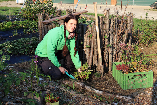 Nina pflanzt im Schaugarten eine Pflanze ein.