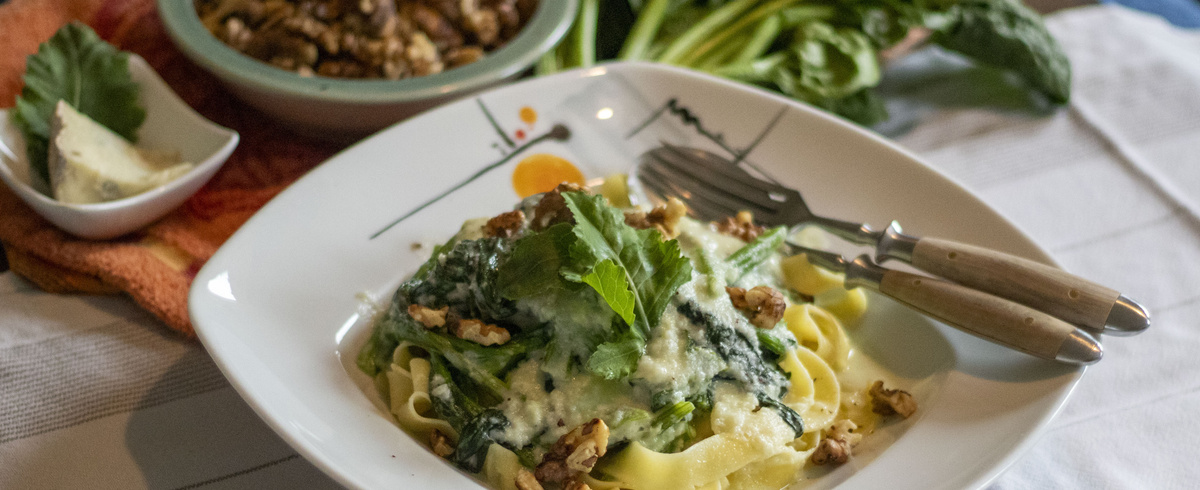 Nudeln mit Kohlrabi-Spinat-Sauce und Gorgonzola