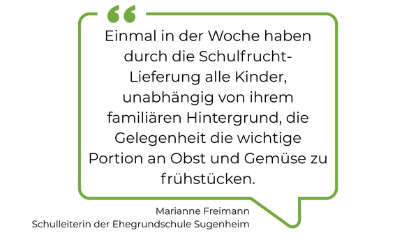 KI generiert: Zitate-Feld über Schulfruchtlieferung; Text von Marianne Freimann über Obst und Gemüse in Schulen.