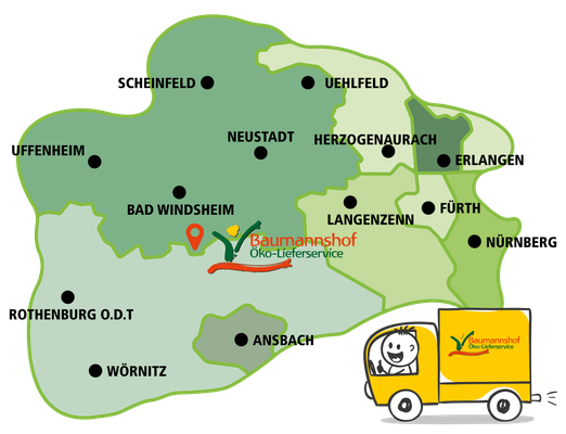 Das Liefergebiet vom Baumannshof: Nürnberg, Fürth, Erlangen und Westmittelfranken.