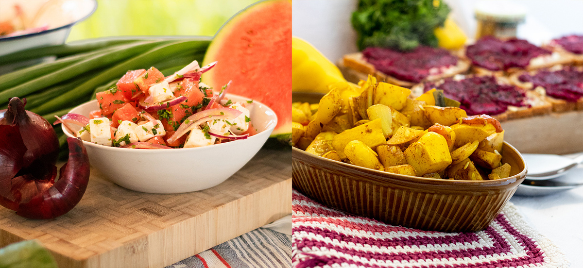 Feta Melonen Salat und Sunburst Kürbis