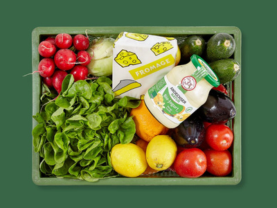 KI generiert: Das Bild zeigt eine grüne Kiste voller frischer Lebensmittel, darunter verschiedene Gemüsesorten, Käse und Joghurt. Es vermittelt den Eindruck einer ausgewogenen und gesunden Auswahl an Lebensmitteln.