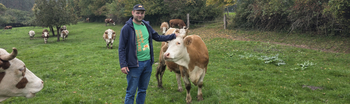 Simon Mondel auf der Weide mit Kühen