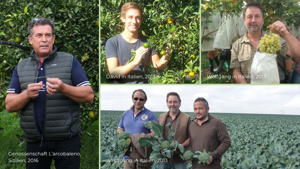 Bildcollage: David und Wolfgang beim Erzeuger-Besuch in Italien und Spanien