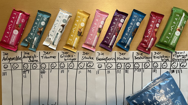 Tzamapas-Riegel mit Bewertungsschema: lachende und traurige Smileys mit Strichen