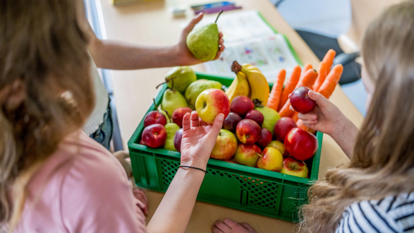 Kinder greifen nach Obst in einer grünen Kiste