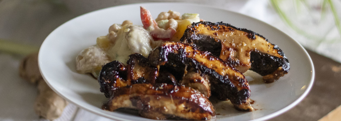 Asia Portobello und gmanschter Kartoffel-Kichererbsen-Salat