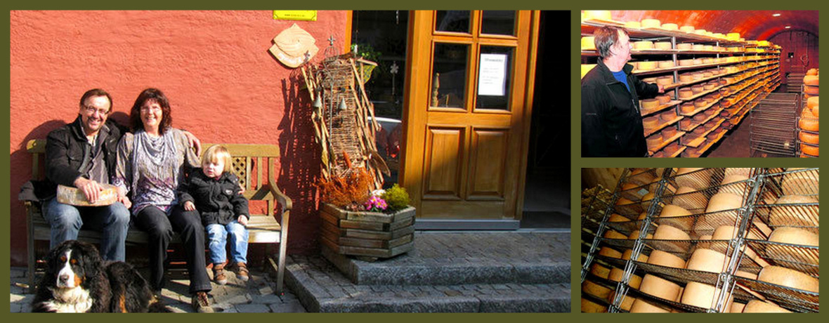 Bildcollage: Familie Wohlfahrt und Lagerraum der Käserei