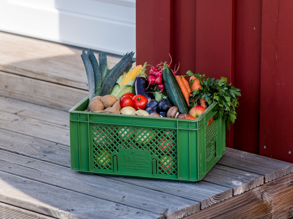 Gemüsekiste steht vor einer Haustür