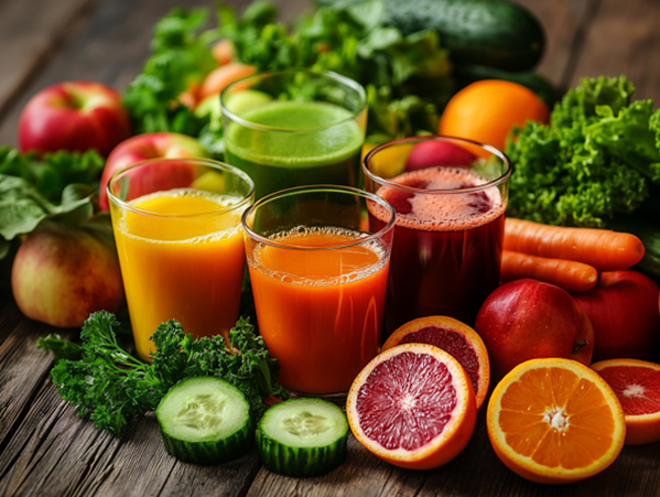 Frisch gepresse Säfte und frisches Obst und Gemüse