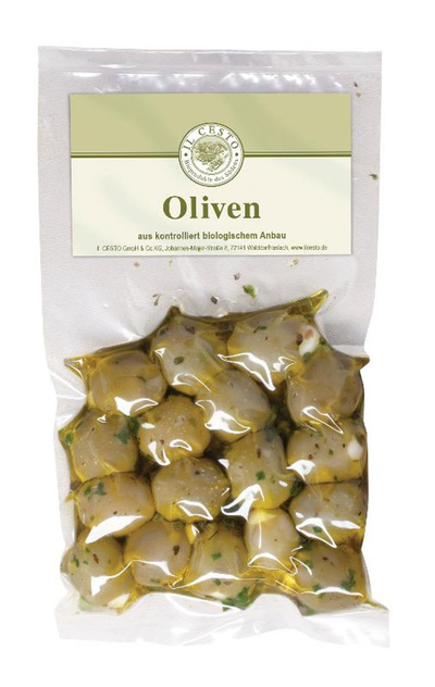 Produktfoto zu Griech. Oliven grün mit Knoblauch gefüllt 175g