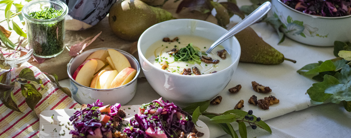 Sellerie Birnen Suppe und Apfel Rotkohl Salat