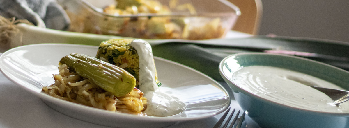 Geschmorter Lauch mit Couscous und Gute Laune Dip