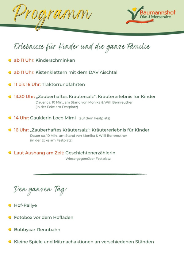 KI generiert: Programm für ein Familienfest mit verschiedenen Aktivitäten und Erlebnissen für Kinder und Erwachsene.