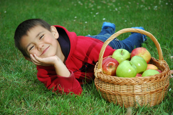 Kind liegt auf Wiese neben Korb mit Äpfeln