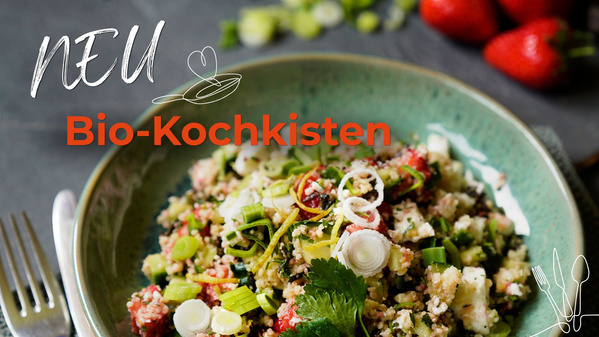 Couscou-Salat mit Schriftzug "Neu - Bio-Kochkisten"