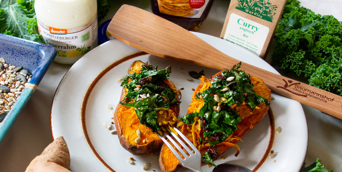 Süßkartoffeln mit Grünkohl-Krönchen