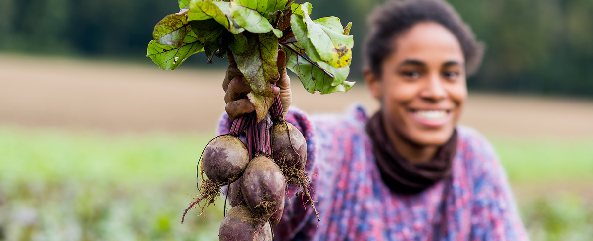Eine Frau auf dem Acker hält Rote Bete in der Hand