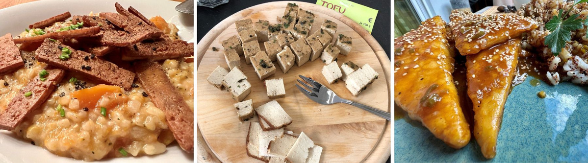 Bildcollage: zubereiteter Tofu