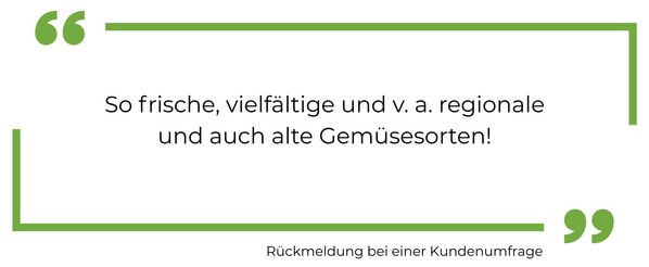 KI generiert: Eine Kundenrückmeldung zu frischem, vielfältigem, regionalem Gemüse: "So frische, vielfältige und v. a. regionale und auch alte Gemüsesorten!"